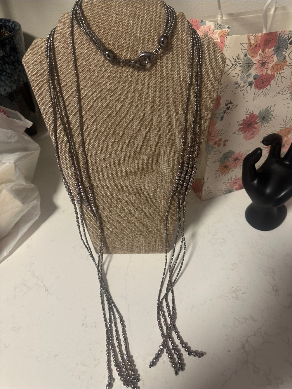 Multi-Strand Hematite Bead Back Dress Necklace - Elegant Long Layered Design
